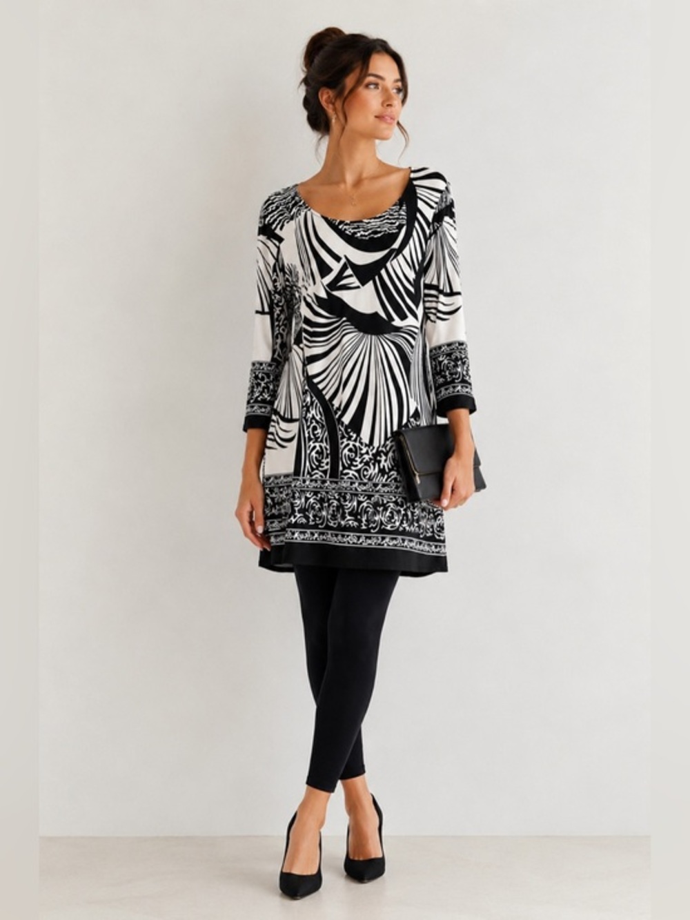 Milano Black White Graphic Print Midi Dress Medium 3/4 Sleeve Stretch Tunic